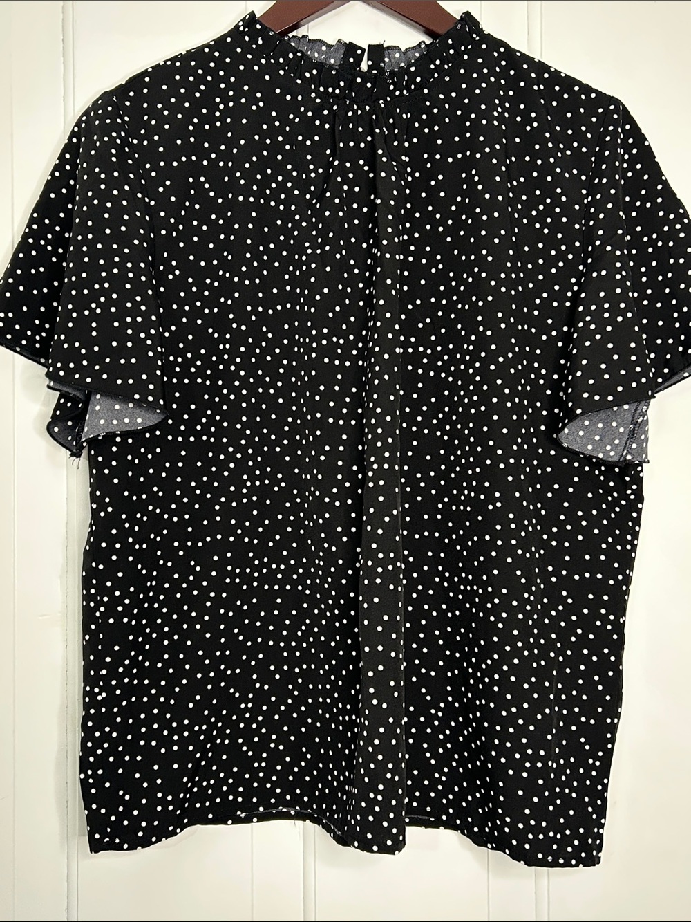 Large boxy flowy Black & White Polka Dot Short Sleeve Blouse with ruffle neck